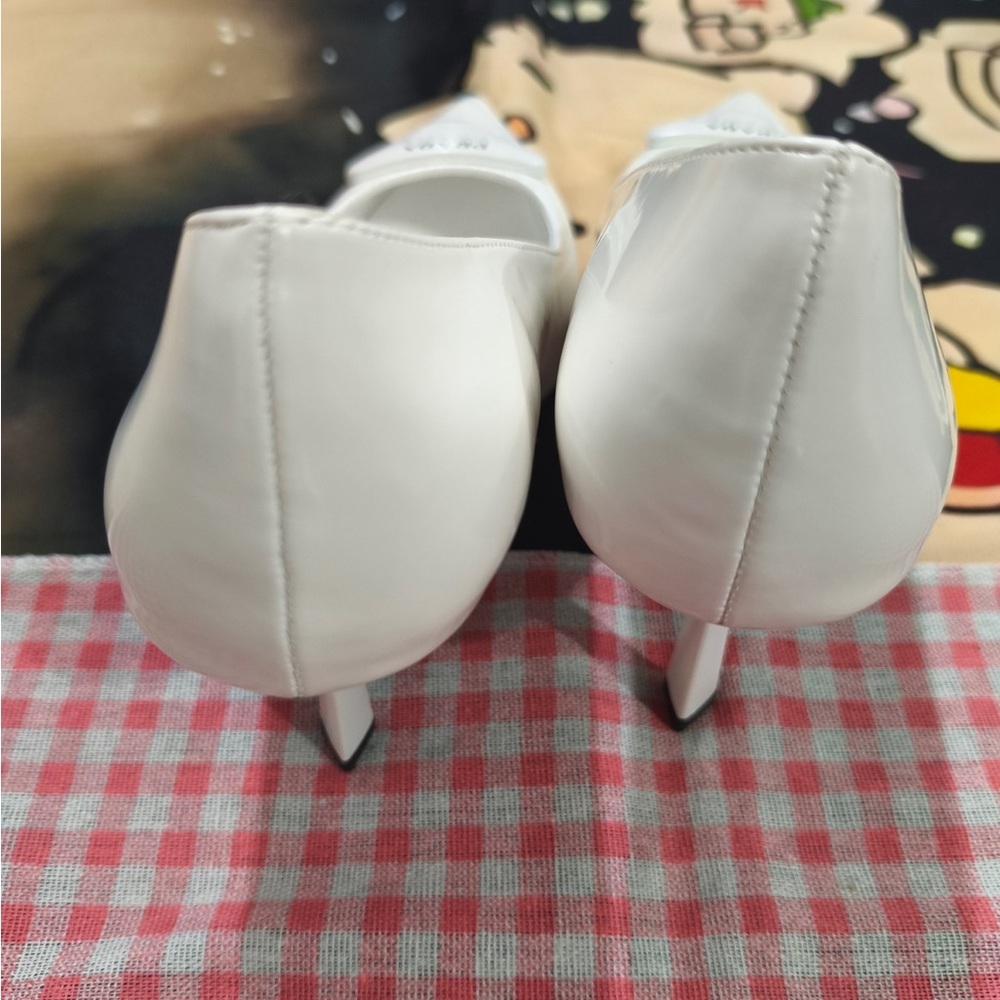 Prada White Pointed Patent Leather Pumps with Logo Accent - Picture 6 of 8